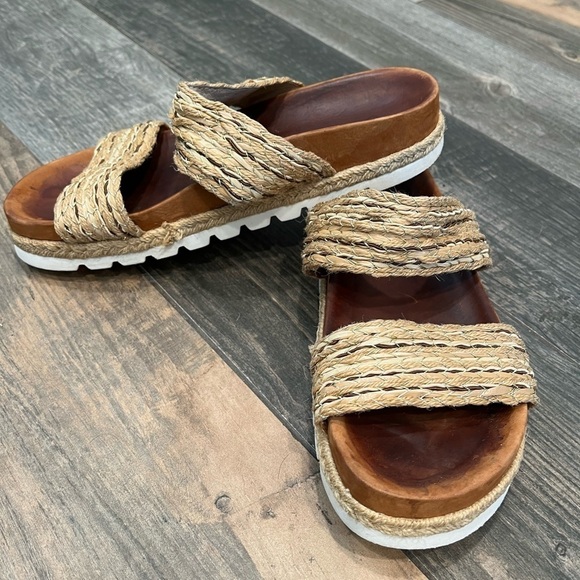 J Slides NYC Tan Raffia Gold Accent Leather Size 7.5 - Picture 4 of 10